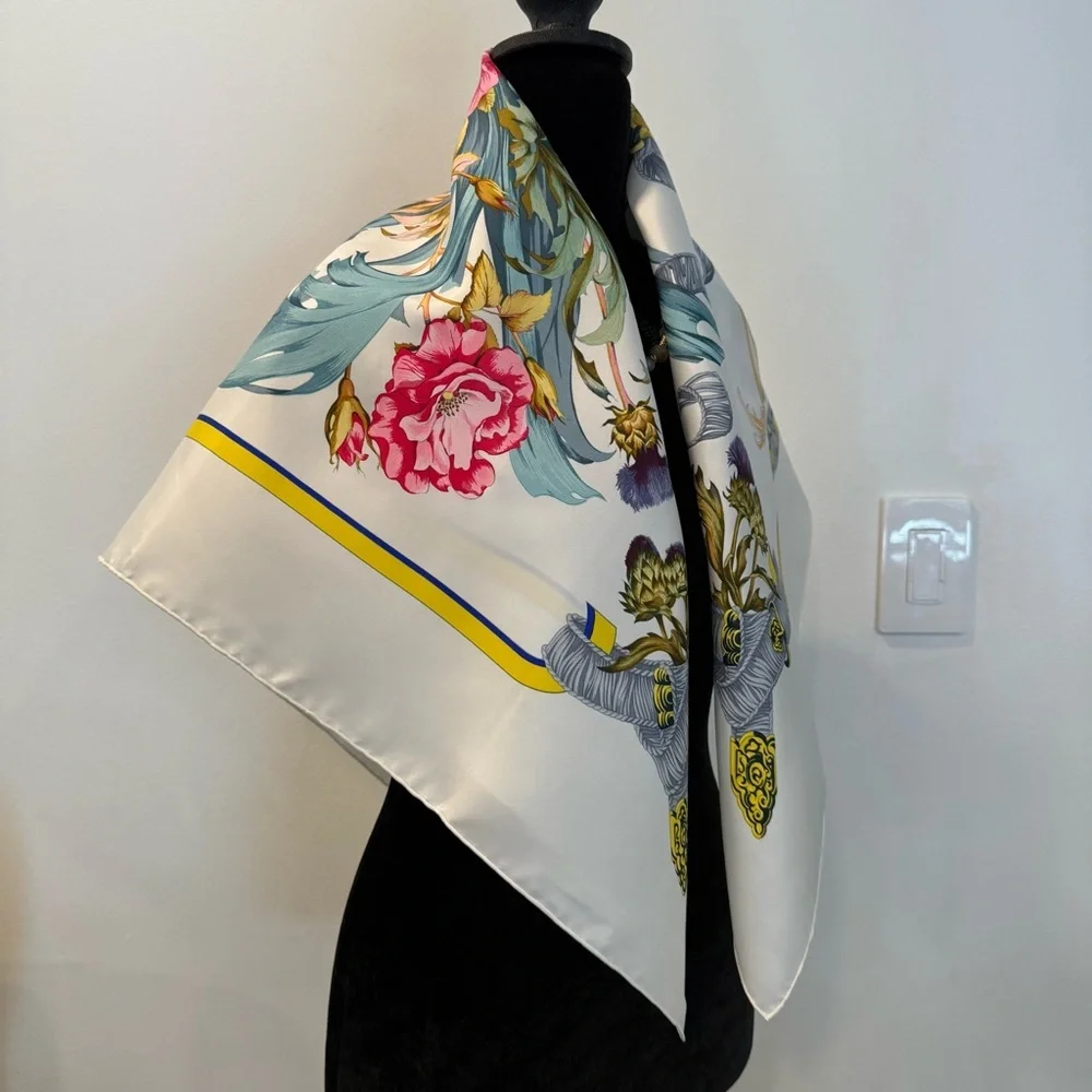 Hermes Floral Silk Scarf with Ribbon Design 35”